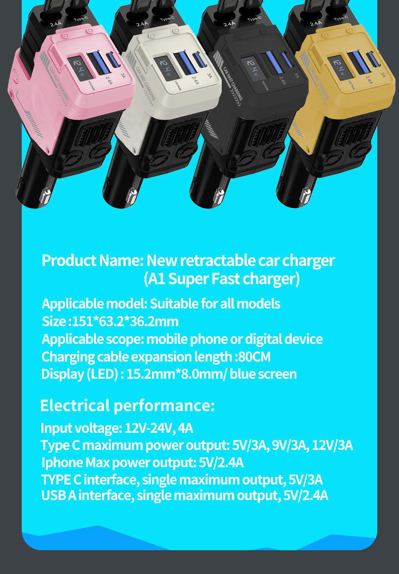Cross-Border A1 Mecha-Style Car Digital Display Car Charger Super Fast Charging Dual-In-One Retractable Cable Car Cigarette Lighter