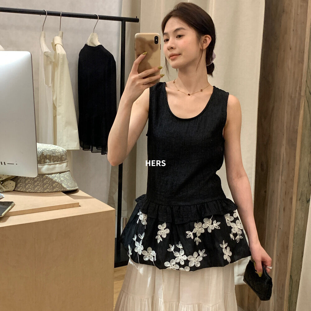 Áo hai dây nữ phong cách Bohemian thêu hoa, viền ren xếp tầng — Champagne màu, màu đen