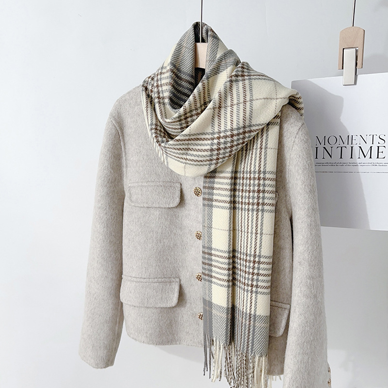 Bufanda de Cuadros con Borlas Térmica de Imitación de Cachemira para Invierno