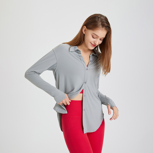 Cool sun protection shirt sports coat women's loose long yoga wear top quick-drying fitness long-sleeved blouse summer
