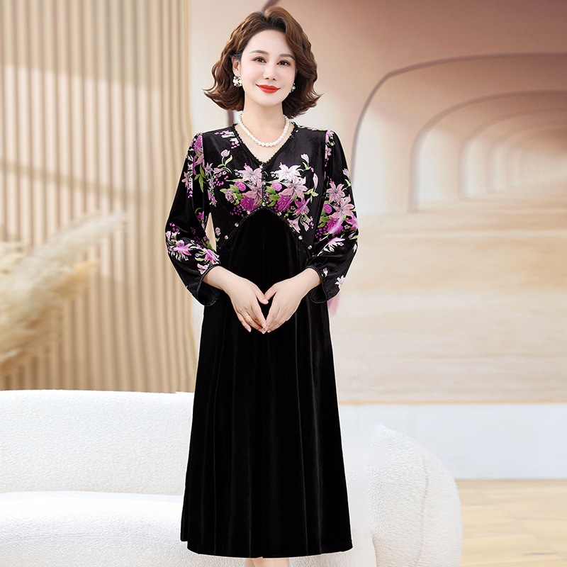 Middle-aged mother golden velvet flower long sleeve dress young and middle-aged lady temperament stitching slim V-neck knee-length dress