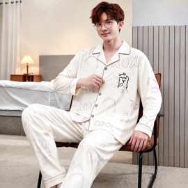 纯棉男士加大睡衣长袖秋冬季开衫简约清新休闲舒适外穿家居服套装