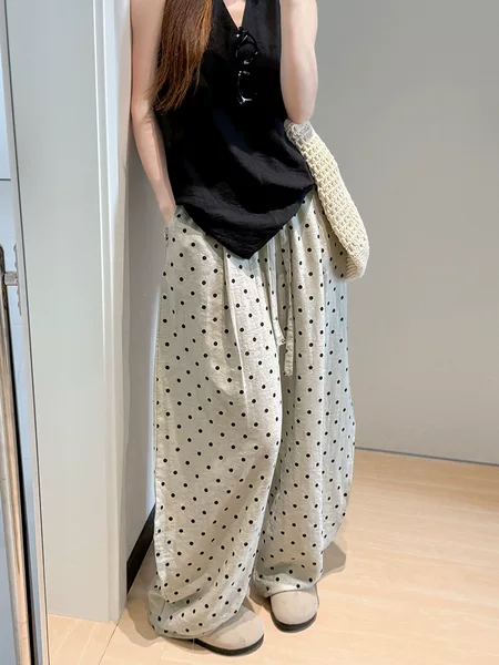 Polka Dot Linen Pants for Women, New Autumn Style, High-Waisted, Loose Fit, Old Money Style Wide-Leg Pants, Korean Style for Petite Women