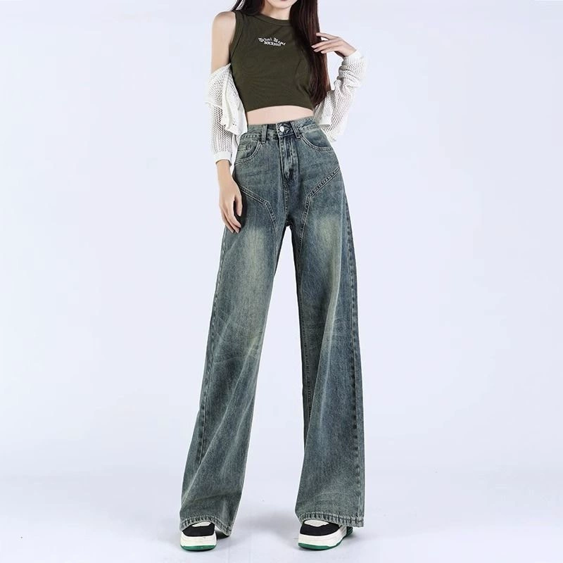 Повседневная прямая свободная Швабра High Street в стиле ретро, женские осенние джинсы с высокой талией и стиркой, широкие брюки, модные брюки