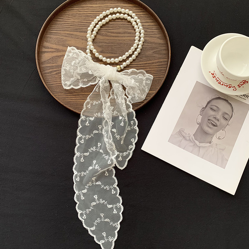 Collar de perlas nuevo estilo bufanda de seda de encaje retro tira larga cinta decorativa versátil de alta gama cinta para el cabello cinturón multifuncional