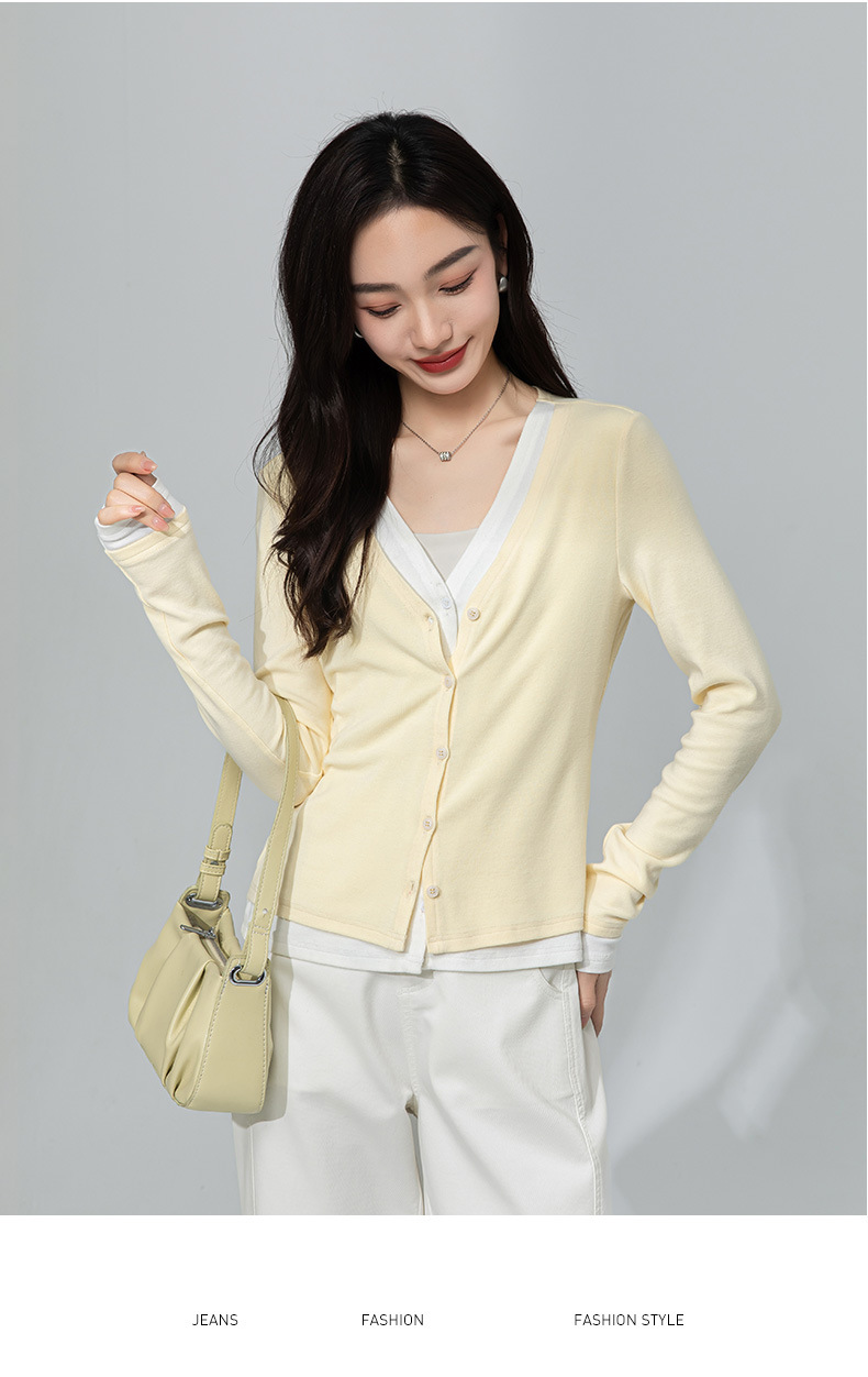 Áo cardigan cotton dệt kim cổ chữ V giả hai mảnh ngắn sành điệu — Màu vàng ngỗng chi tiết 17