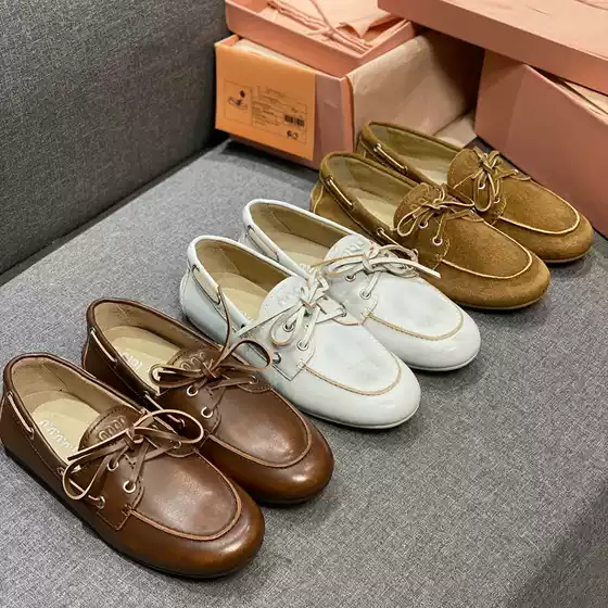 2025 Spring/Summer New Style Brushed and Used Genuine Leather Lace Round Head Flat Bottom Leather Shoes for Women, Comfortable Retro Le Fu Shoes