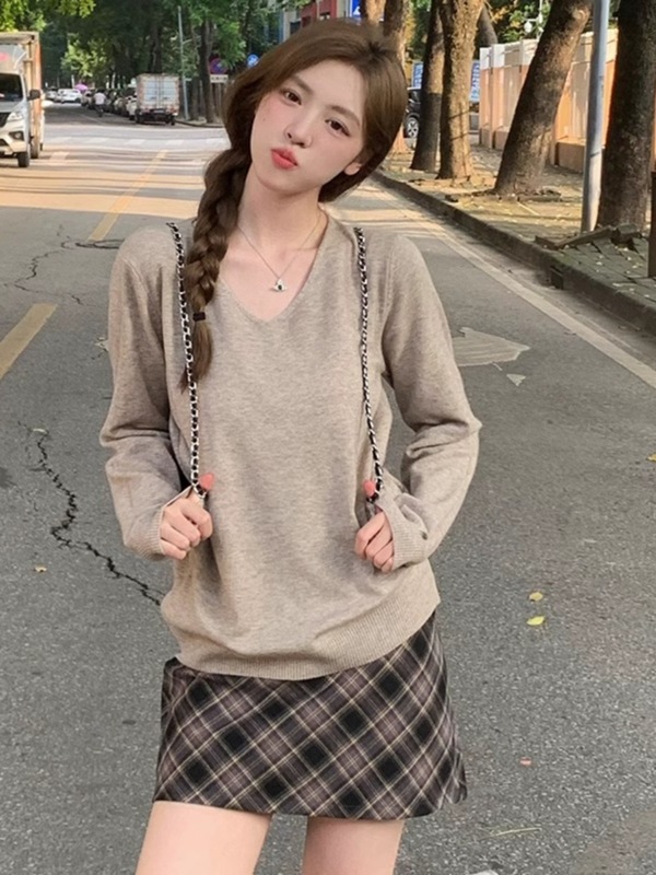 温柔软糯V领韩系针织打底衫女春秋冬季宽松内搭上衣复古百搭毛衣|undefined