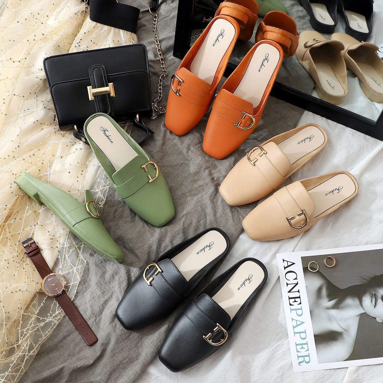 2021時尚簡約休閑日常室外拖鞋包頭字母扣純色單鞋懶人壹腳蹬涼鞋