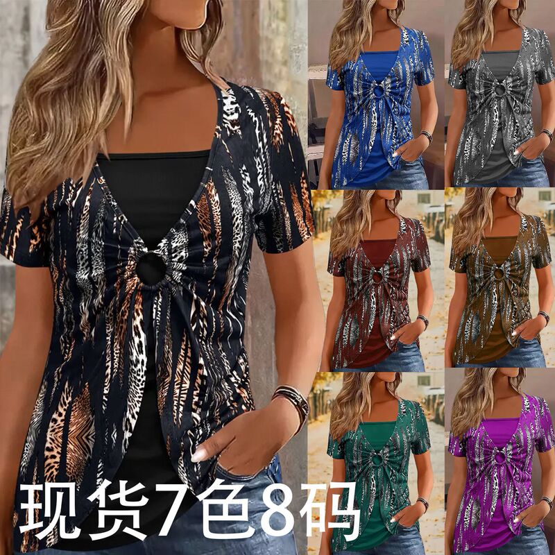 2026 New Summer European and American Foreign Trade Cross-Border Ethnic Style Printed Faux Two-Piece Plus-Size Women's Short-Sleeve Top