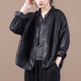 2022秋装新款韩版宽松显瘦减龄棒球领皮衣单排扣开衫短外套女