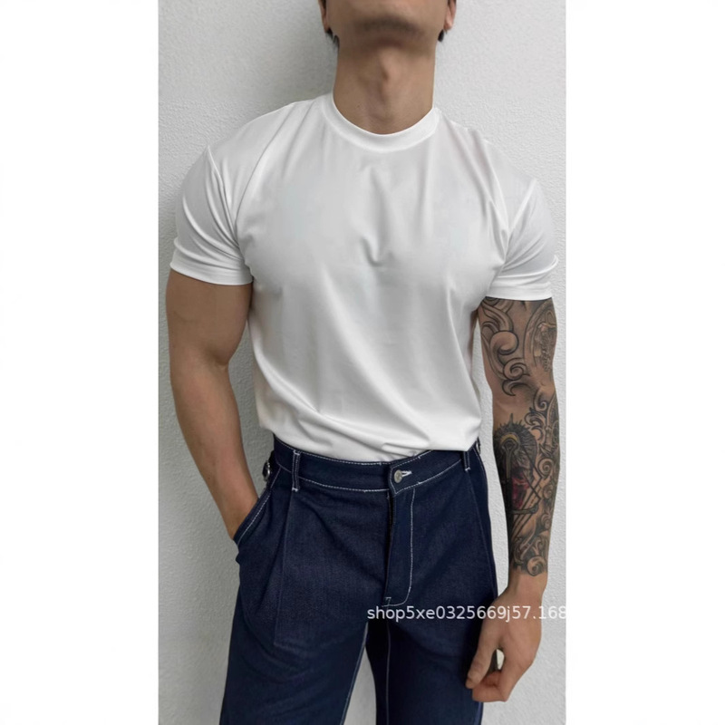 American Tough Guy Liquid Ammonia Ice Silk Cotton T-shirt Muscle Men's Tight Elastic Three-point Short-sleeved Cool Modal Quick-drying Clothes American Tough Guy Liquid Ammonia Ice Silk Cotton T-shirt Muscle Men's Tight Elastic Three-point Short-sleeved Cool Modal Quick-drying Clothes