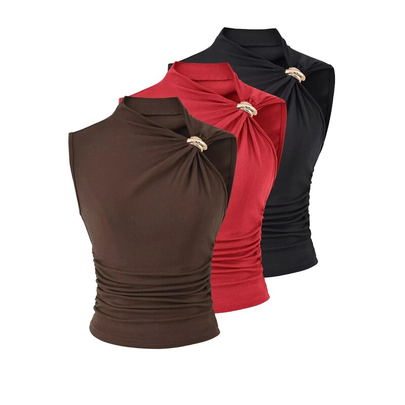 Sleeveless Vest with Metal Decorative Twist Design for Women, New Summer Style, Slim Fit, Flattering Base Top for Hot Girls Sleeveless Vest with Metal Decorative Twist Design for Women, New Summer Style, Slim Fit, Flattering Base Top for Hot Girls