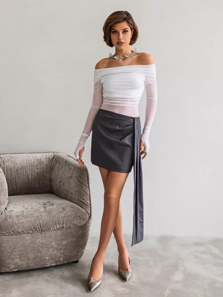 Damen Ein-schulter-netzoberteil Langarm Slim Fit Elegant Sommer_voghion.com