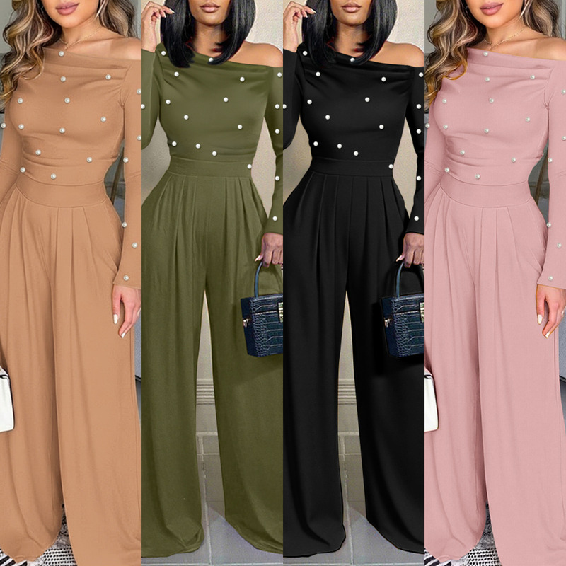New Slim-Fit Trendy Street Style Women's Jumpsuit for Spring and Autumn, Made of Beaded Polyester with an Asymmetrical Shoulder Design