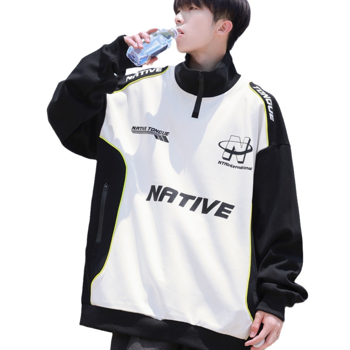 Casual 2024 tendencia de la moda suéter con media cremallera a juego de colores, traje de motocicleta, traje de carreras, chaqueta de tendencia para hombres y mujeres