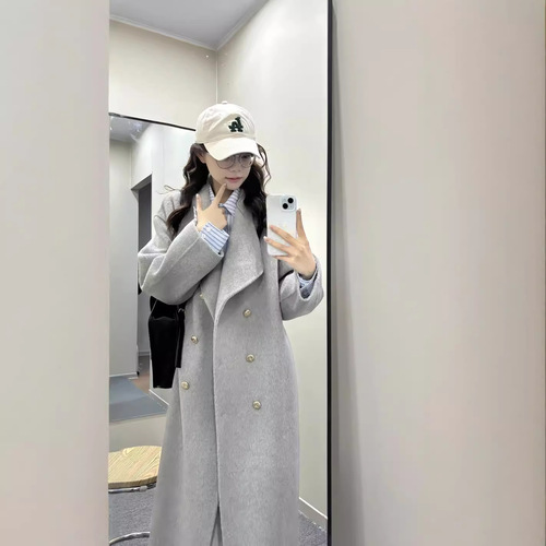Winter and Autumn Standing Collar Double Breasted Unstructured Long Length Loose Cashmere Coat for Women High-End Outerwear Stylish and Elegant Korean Style