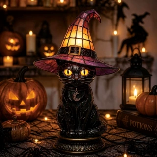 跨境新品Witch Hat Lamps树脂哥特式万圣节夜灯女巫帽子灯摆件