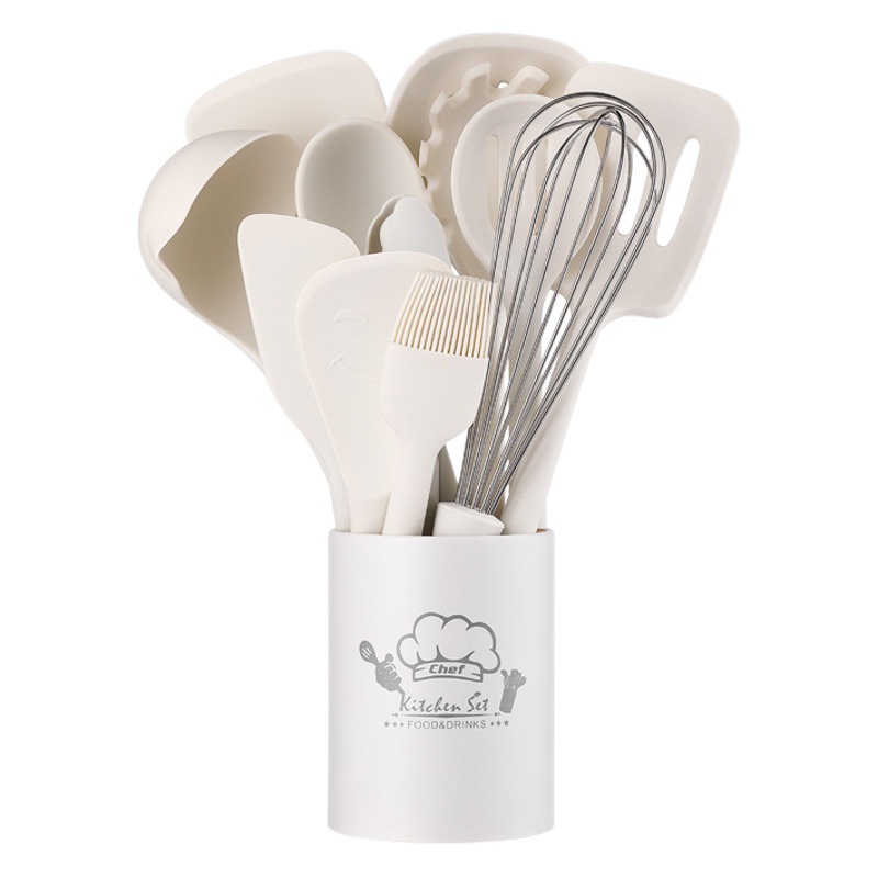 Traje de utensilios de cocina de silicona de estilo simple nórdico 12 piezas mango de madera pala raspador de silicona blanca lechosa cuchara de sopa resistente a altas temperaturas