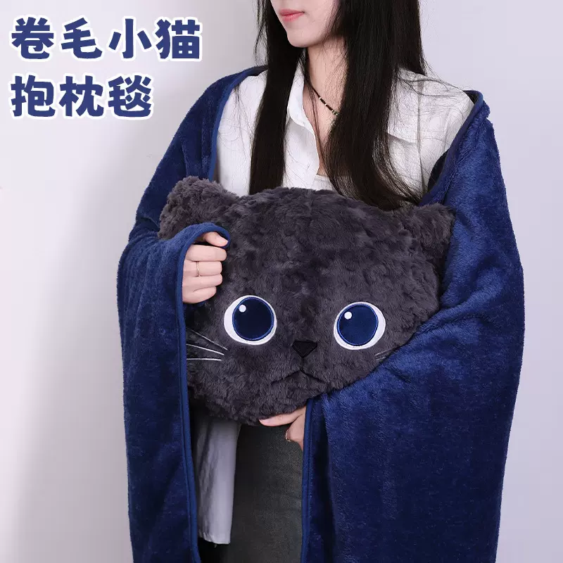 法兰绒毯抱枕毯子盖毯二合一两用 康乐屋小猫靠枕车载抱枕毯批发