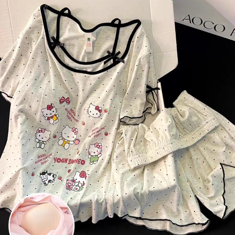 Pajamas with Breast Pads for Women Summer Short-Sleeved All-In-One 2025 New Sweet Hellokitty Home Wear Set Thin