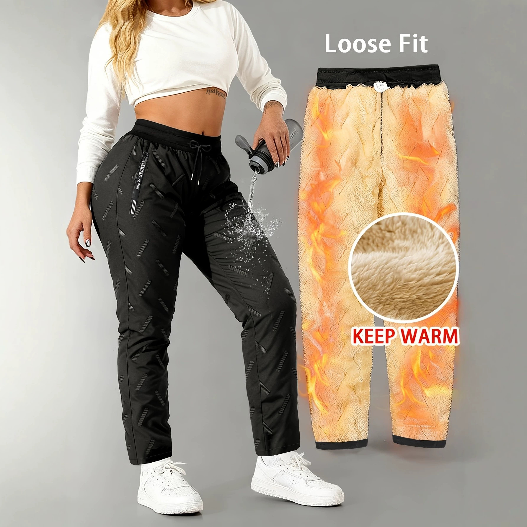 Cross-border European size women's fleece-lined ultrasonic lamb fleece pants, loose fit, zipper pockets, warm casual pants for men