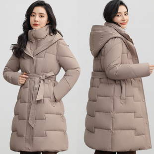 Over-the-knee cotton-padded jacket women's mid-length winter new fashion waist lace-up slimming warm coat temperament solid color cold-proof clothing