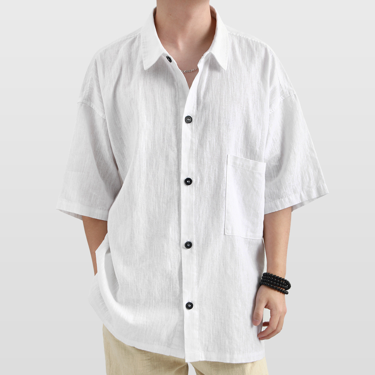 Summer New Men's Linen Shirt Simple Pure Color Loose Lapel Short-Sleeved Ramie Hong Kong Style Jacket-Yu Xia