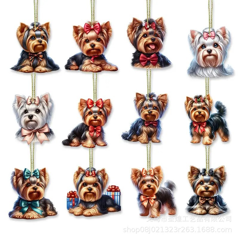 Cross-border New 24 Pieces Creative Cute Yorkshire Little Lion Dog Pattern Decorations Home Party Wooden Pendant