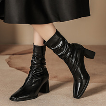 尖头褶皱堆堆靴子女网红秋冬新款百搭新款高跟鞋中筒靴粗跟瘦瘦靴
