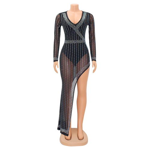 women's sexy black mesh with striped rhinestones bling see through jazz dance dresses nightclub bar stage performance  irregular long-sleeved dress