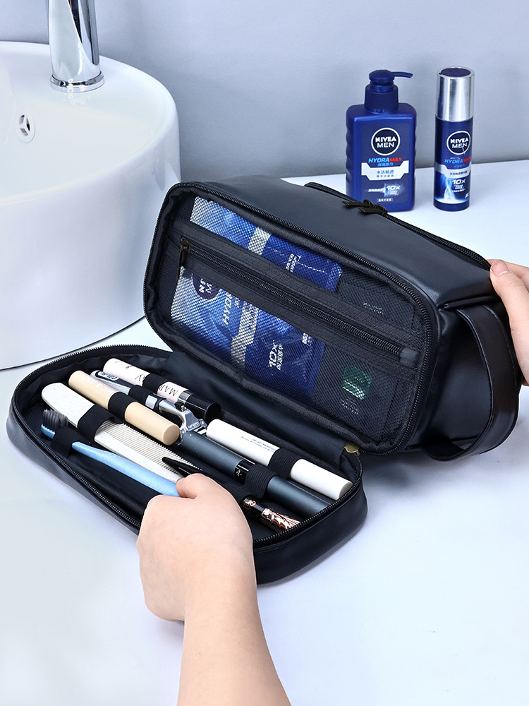 Bolsa de almacenamiento portátil con gancho, bolsa de aseo cosmética simple de negocios para hombre portátil de viaje de cuero de pupilo, bolsa de cosméticos
