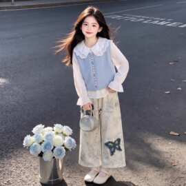 女大童柔俏甜淳多巴胺马甲韩系娃娃领衬衫叠穿蝴蝶休闲裤三件套装