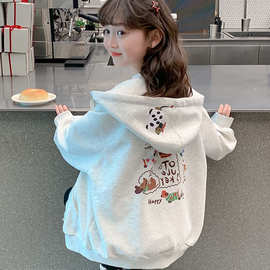 女童秋装卫衣外套童装2025新款洋气女孩时髦百搭连帽卡通印花上衣