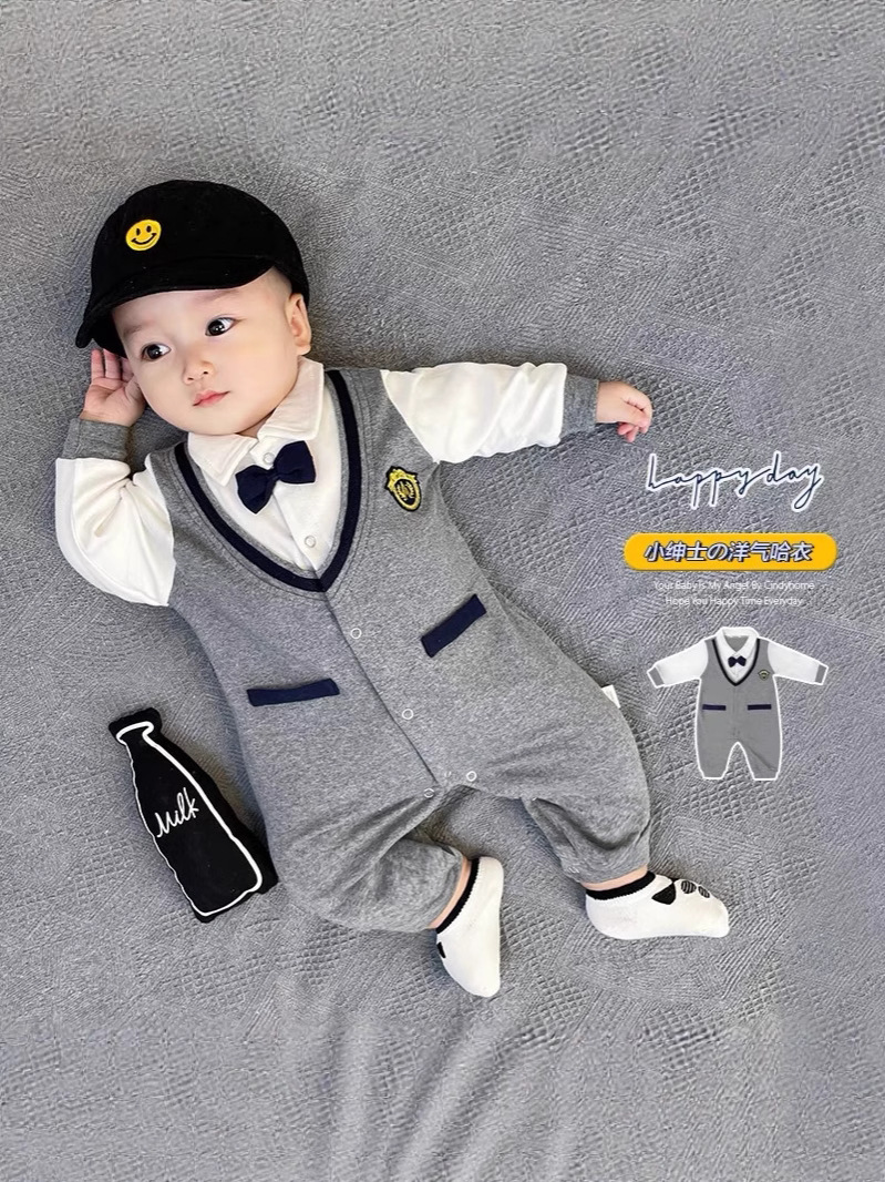 Infant and toddler spring and autumn male baby handsome gentleman bow tie jumpsuit male baby 100-day one-year-old clothes to catch the week crawling clothes