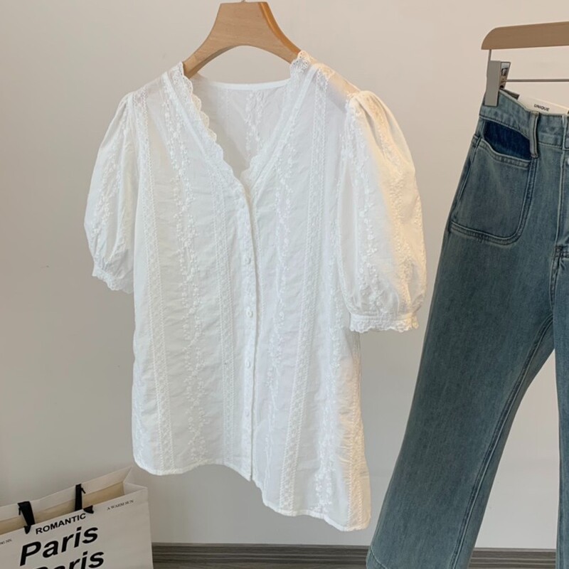 High-End Light Luxury Style Fully Embroidered Pure Cotton Lace Collar Shirt French Chic White Shirt