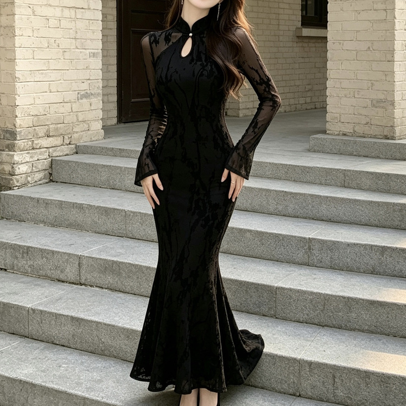 Improved cheongsam style black lace dress with bell sleeves and stand-up collar, women's autumn sexy style, waist-cinching, body-hugging fishtail long dress