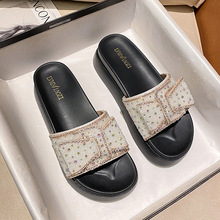 Water Diamond Slippers for Women's Summer Outerwear Fashion 2026 New Thick soled Sponge Cake Shoes with One Word Strap Cool Dragging for Women, Size 41-43