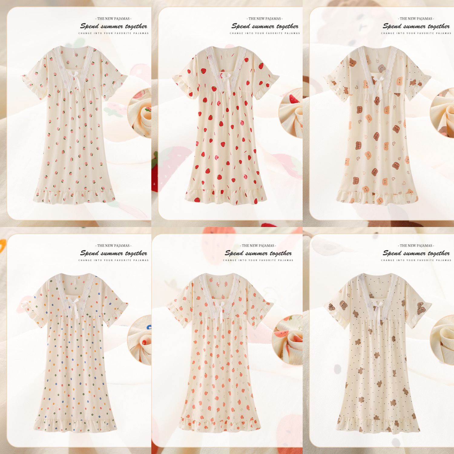 Pijama de verano de algodón nubes tejidas, vestido de pijama de mangas cortas, vestido de viento de princesa, vestido de casa suelto, verano