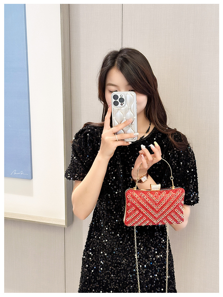 High-end evening dress, lady's water diamond clutch bag, diamond-encrusted bag, colorful diamond chain cheongsam bag, evening bag, women's handbag undefined