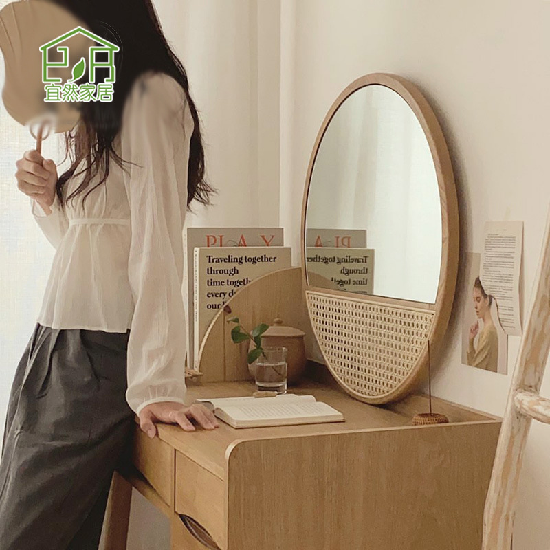 Espejo de caña renacentista nórdico personalizado residencias residenciales manuales in-viento espejo de maquillaje de madera sólida colgado en pared espejo circular