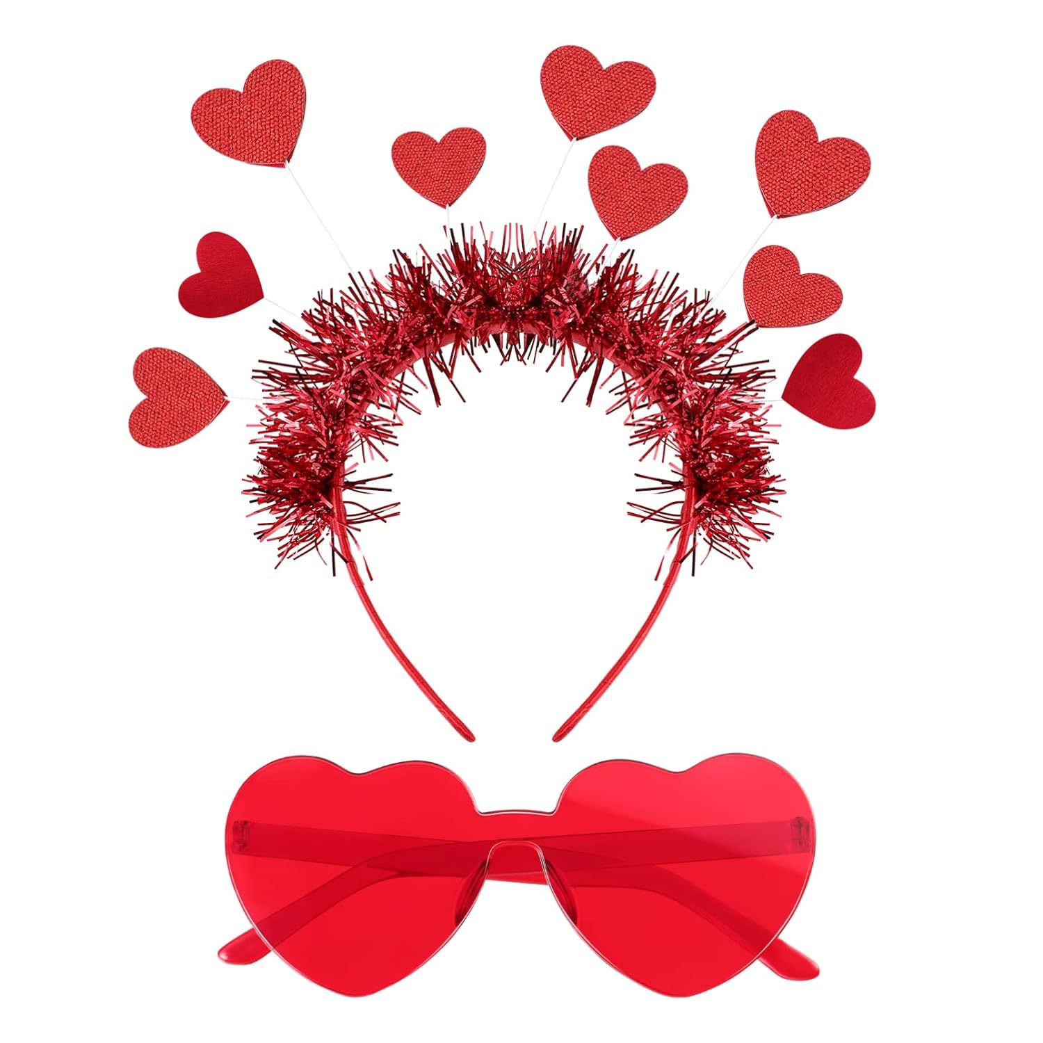 Día de San Valentín en forma de corazón diadema brillo cabeza hebilla gafas rojas en forma de corazón conjunto de dos piezas fiesta melocotón corazón lentejuelas diadema