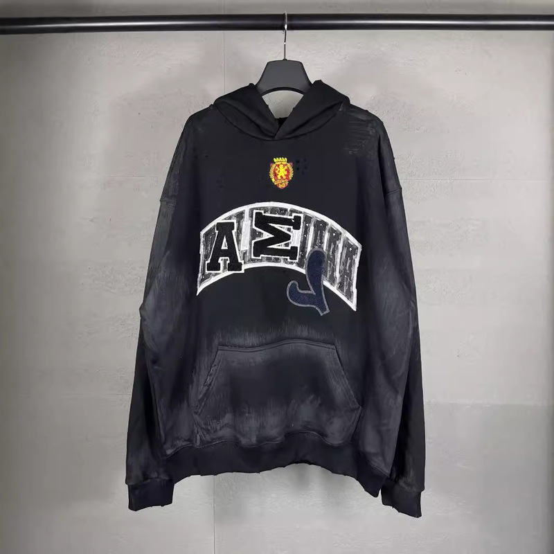Correct Version of High Quality B's 25Ss Manlian Embroidered Seal Mark Tattered Washed Frayed Spray-Painted Hooded Sweatshirt