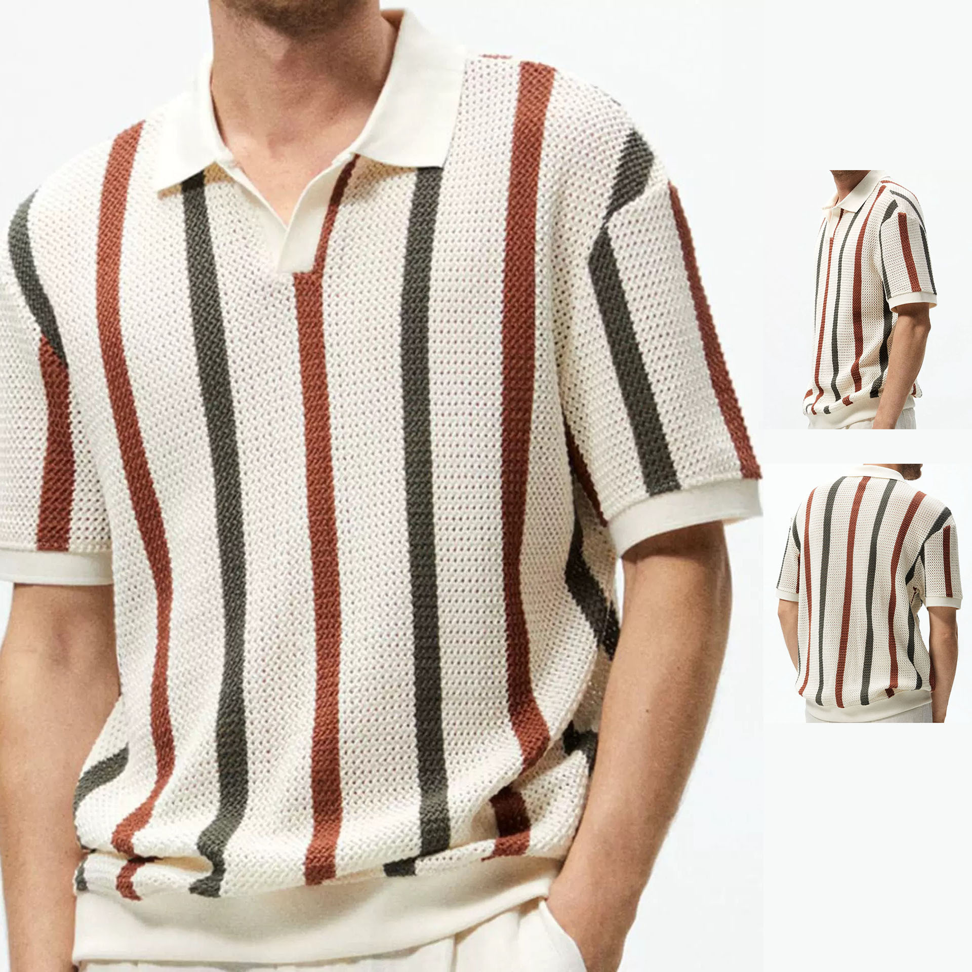 Polo camiseta de punto camiseta de manga corta camiseta hombre gaviota cuello V rayas viejas líneas de viento de verano fábrica transfronteriza al por mayor