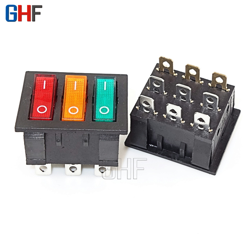 三联船型开关 跷板电源3联开关KCD9三联电源开关6脚带灯 电锅开关