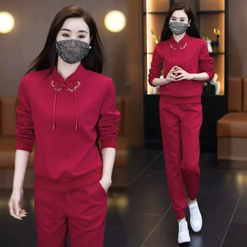 新中式休闲运动套装女春秋新款时尚减龄国风盘扣卫衣束脚裤两件套