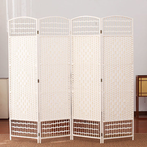 Handmade Folding Screen Made of Straw and Rattan, Solid Wood Partition for Stylish Hotel Entrance, Living Room, Bedroom, Mobile Folding Screen, Simple Design