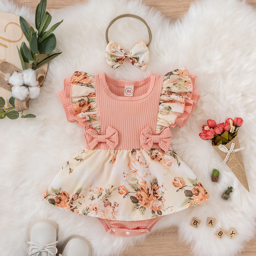 Baoxin Children's Clothing Foreign Trade Summer Girls Flying Sleeves Lace Short Sleeves Bow Floral Printed Skirt Cover-up Romper