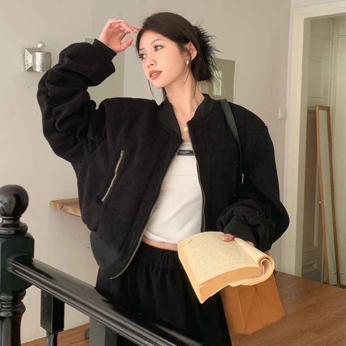 灯芯绒夹棉加厚棒球服外套女秋冬新款设计感立领拉链夹克棉服上衣|undefined