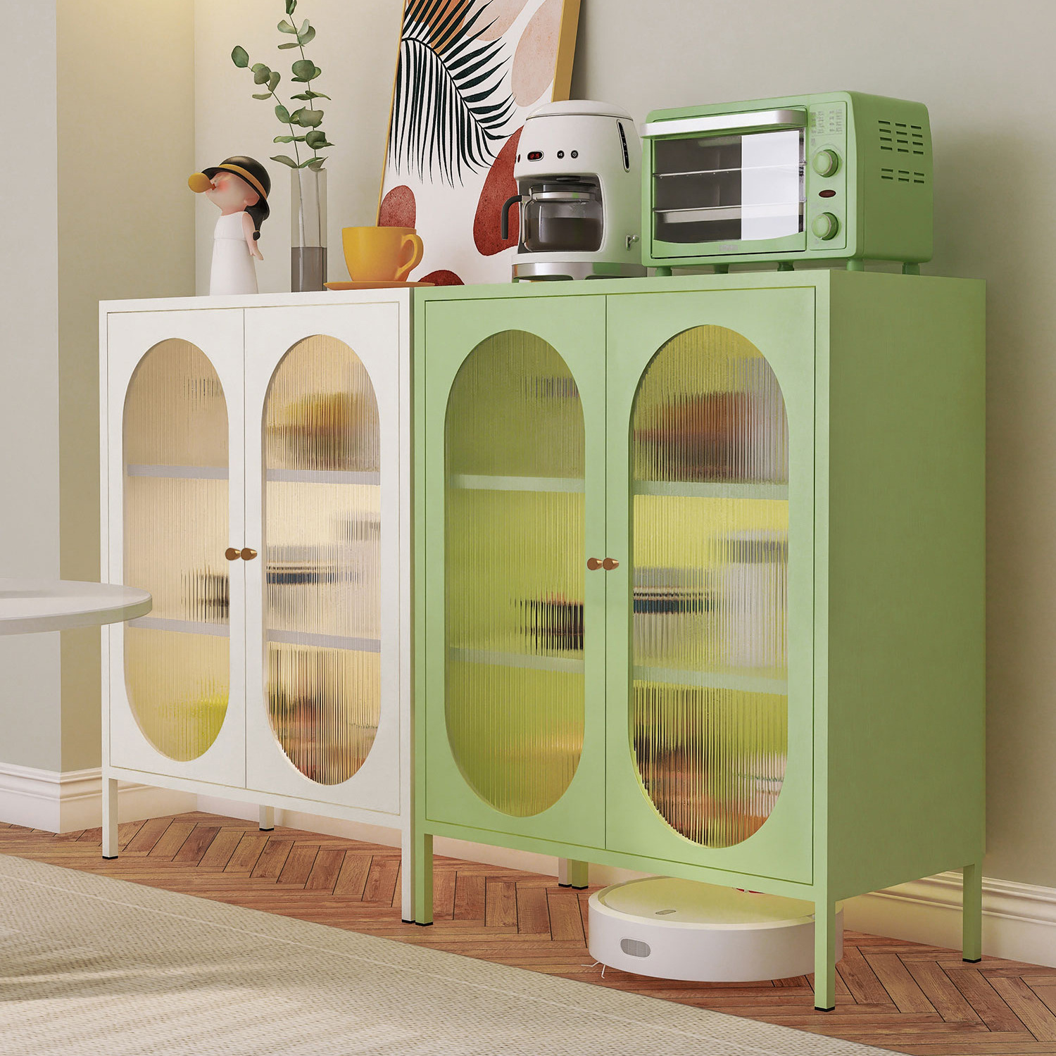 Kitchen dining room storage cabinet cream fresh air storage tea iron cabinet simple glass door living room dining cabinet